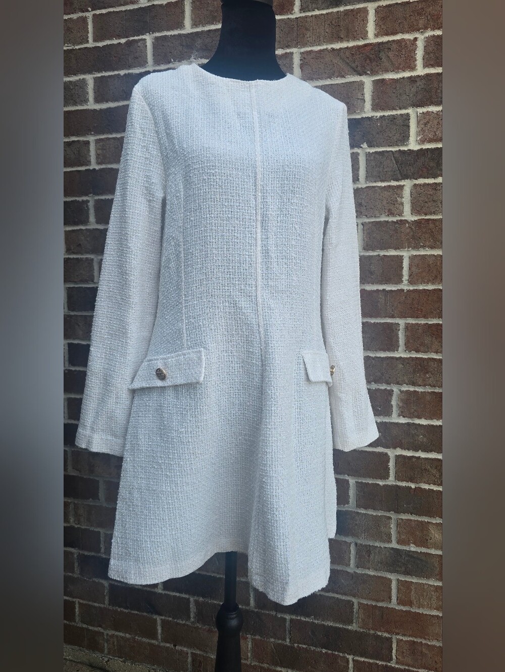 H&M White Tweed Long Sleeve Shift Dress Gold Buttons Size S NWT